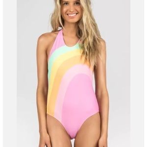 SUGARCOAST by Lolli Swim Pink Rainbow 🌈 Halter One-Piece Swimsuit Women’s LARGE